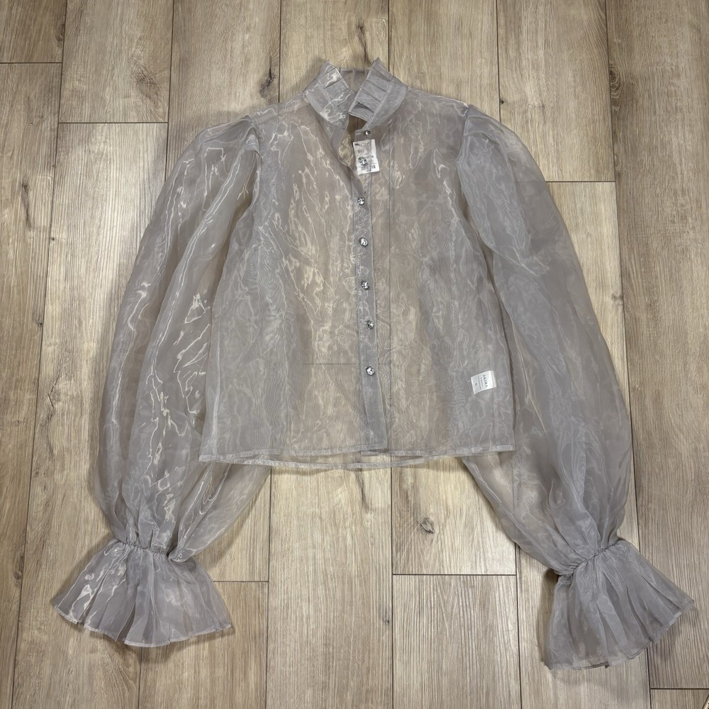 NWT Akira Sheer Gray Button Shirt High Collar Bell Sleeve‎ Womens Sz Small S